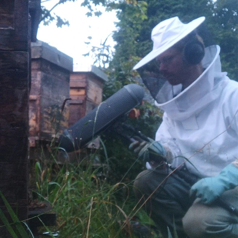 Ingénieur du son enregistrant des abeilles devant une ruche